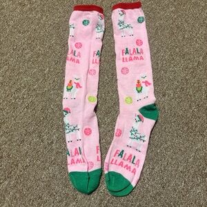 Women’s Pink and Green “Falala Llama” Festive Holiday Crew Socks